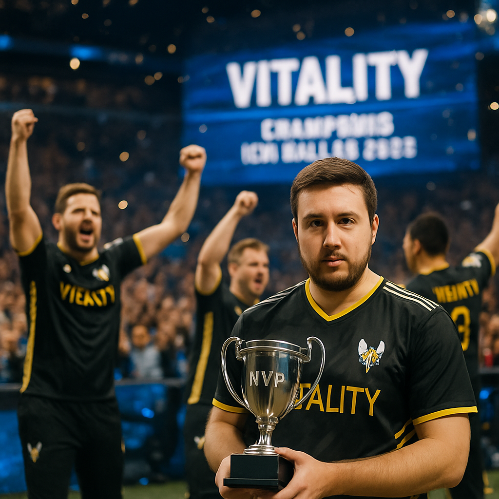Team Vitality celebrating their victory at IEM Dallas 2025 with focus on ZywOo as